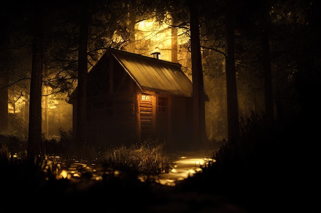 Cabin in the very dark Woods at night