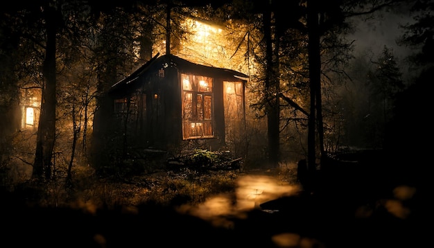 Cabin in the very dark Woods at night