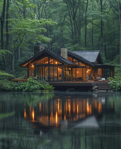 a cabin with a boat house on the water and trees in the background AI generated