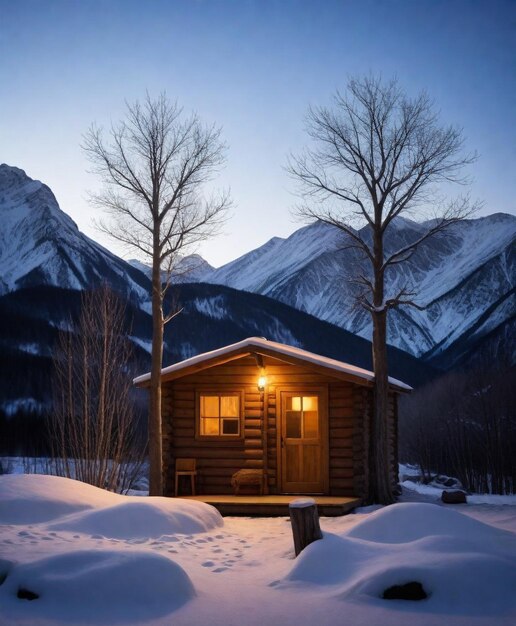 Photo a cabin with a cabin with a snowy mountain in the background hd 8k wallpaper stock photographic ima