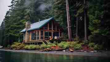 Photo a cabin with a green roof is on the shore of a lake