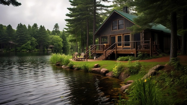 a cabin with a green roof is on the water and a log cabin on the right