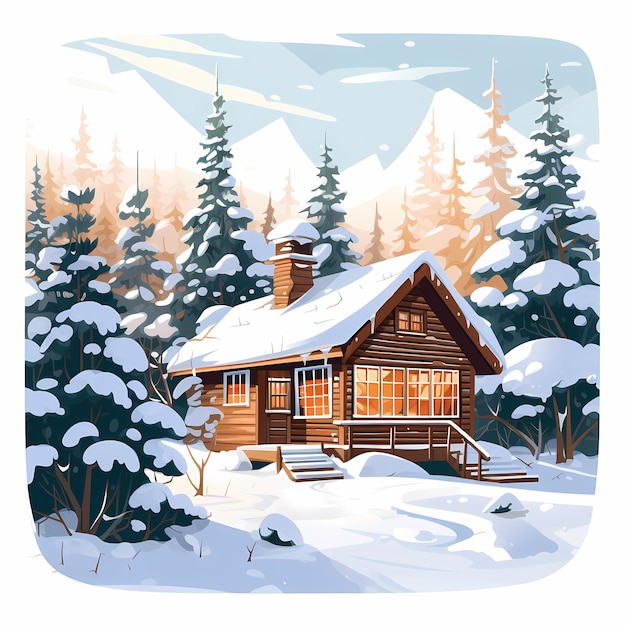 A cabin with a snow covered roof and a cabin in the background.