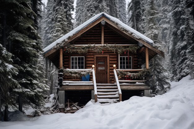 Photo a cabin with snow on the roof and a snow covered roof