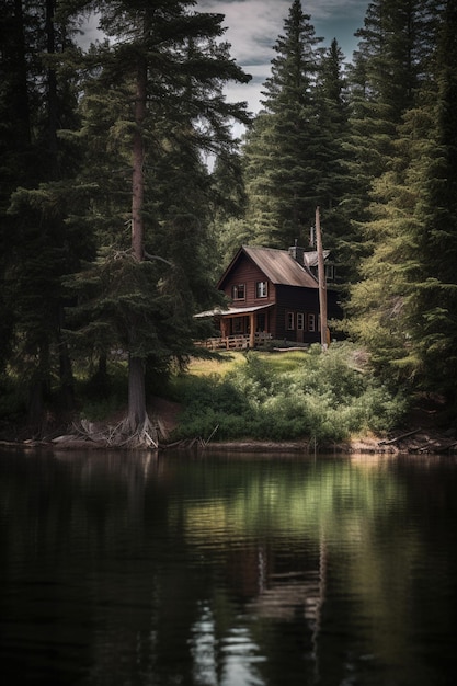 湖畔の森の中の小屋