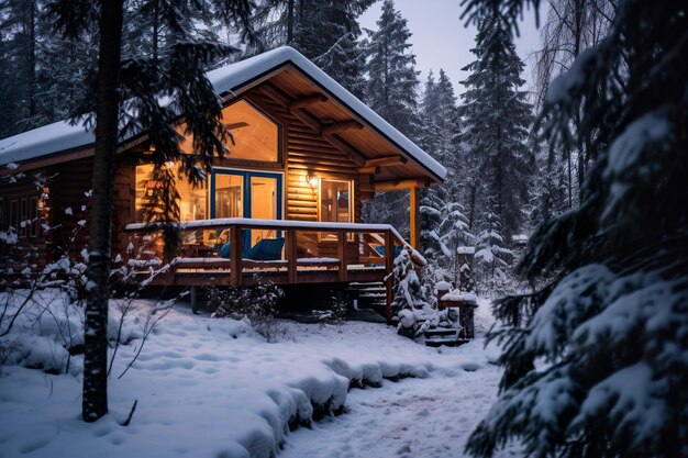 Foto cabina nel bosco coperta di neve generative ai
