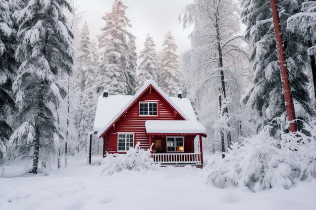 Хижина в лесу, покрытая снегом