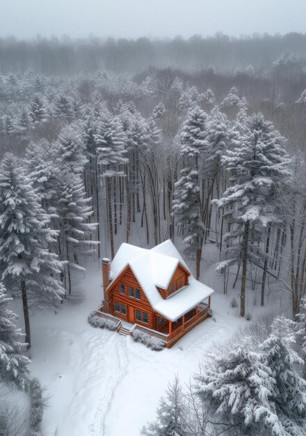 Cabin in the woods is covered in snow