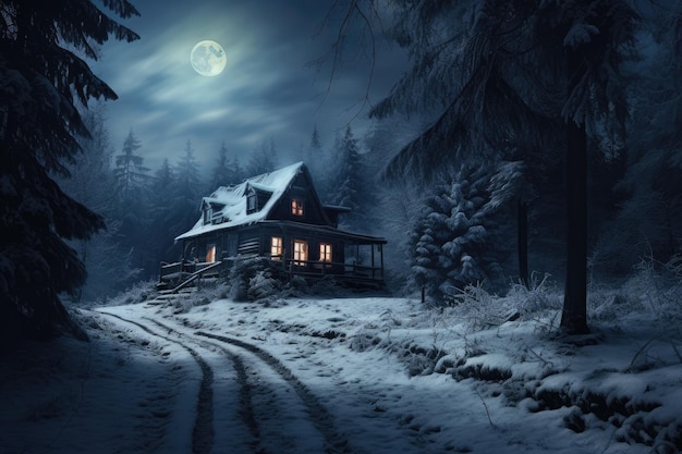 a cabin in the woods at night with a full moon