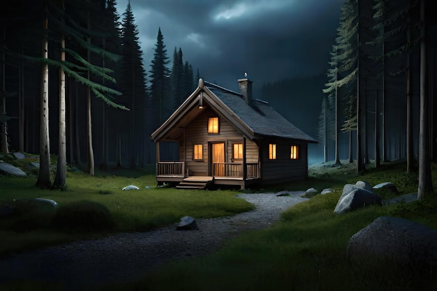 夜の森の中の小屋