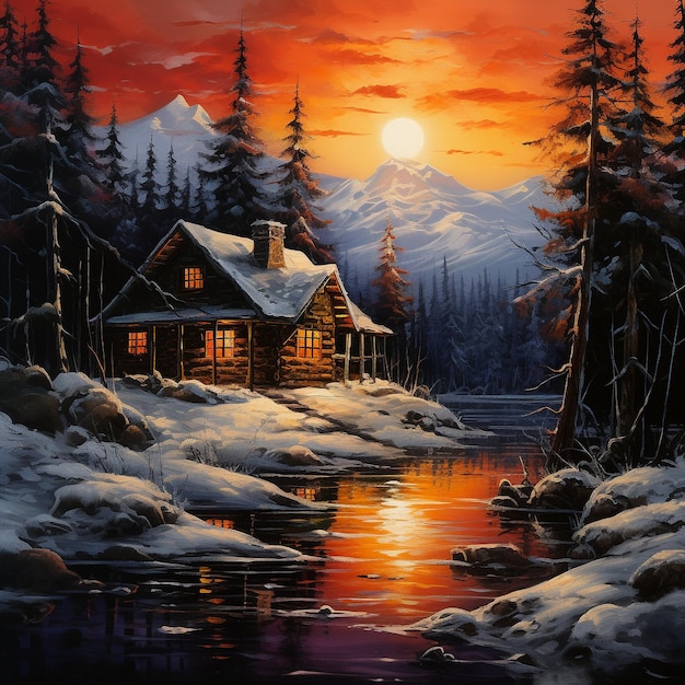 Cabin in the woods snow covered oncabin in th relection of a mountain sunset vivid orange sky