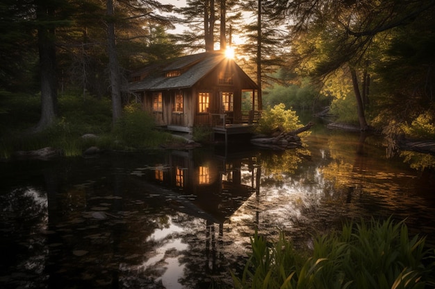 A cabin in the woods at sunset