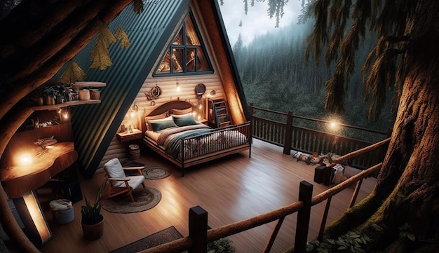 A cabin in the woods with a bed and a lamp on the balcony