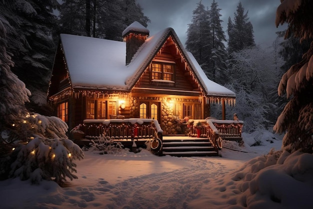 A cabin in the woods with a christmas lights on the front.