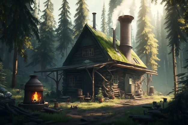 A cabin in the woods with a fire in the chimney