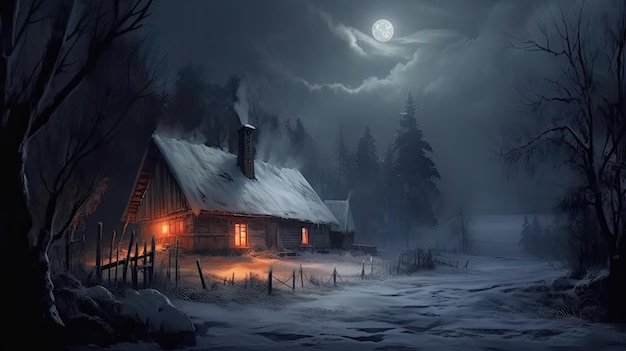 A cabin in the woods with a full moon sky above it and snowy path leading to it