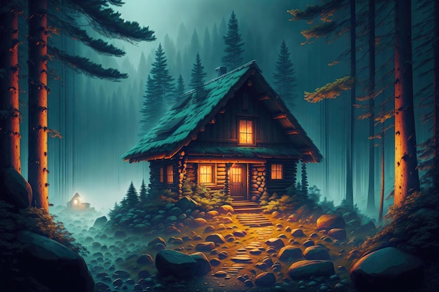 a cabin in the woods with a light on at the end of the night in the foggy forest