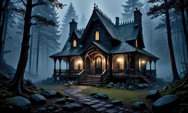 A cabin in the woods with a light on at the end of the night