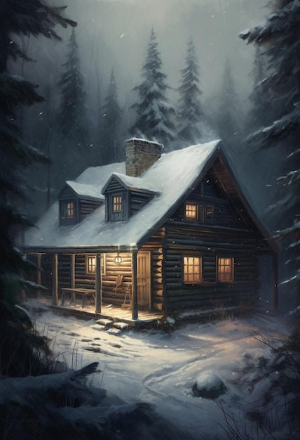 A cabin in the woods with the lights on.