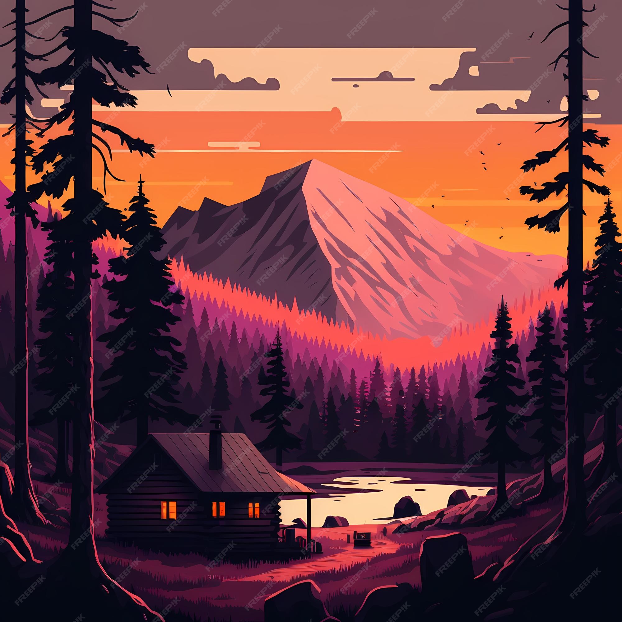 Flat vector night landscape wallpaper with mountain and cabin