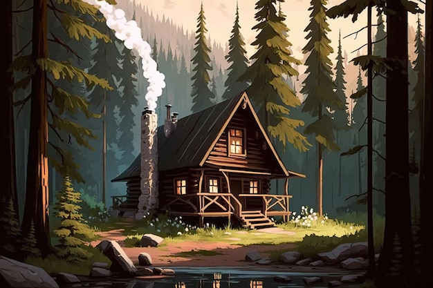 A cabin in the woods with smoke coming out of the chimney