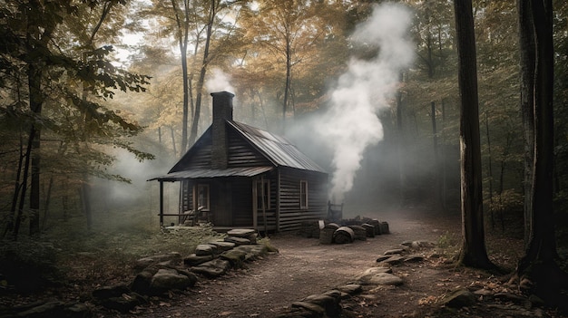 A cabin in the woods with smoke coming out of the chimney.