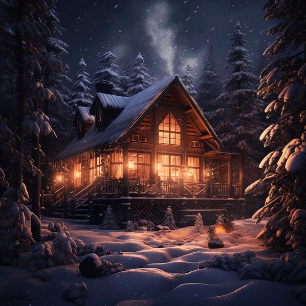 a cabin in the woods with a snow covered roof and a cabin in the background