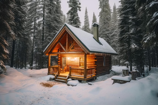 Cabin in the woods with snow on the ground and trees in the background Generative AI