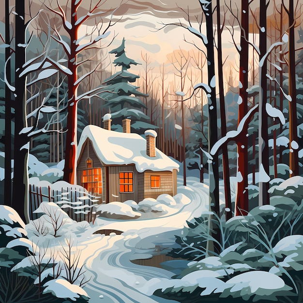 A cabin in the woods with a snowy forest in the background.