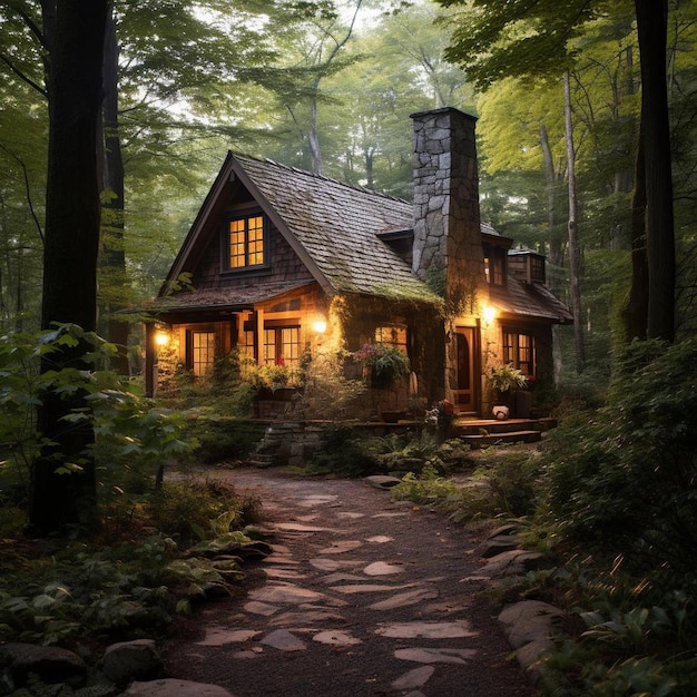 a cabin in the woods with a stone path leading to it.