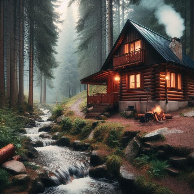 Photo a cabin in the woods with a stream and fire