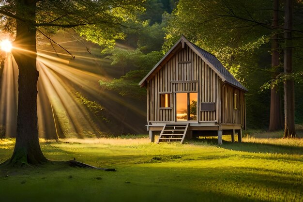 A cabin in the woods with the sun shining through the trees