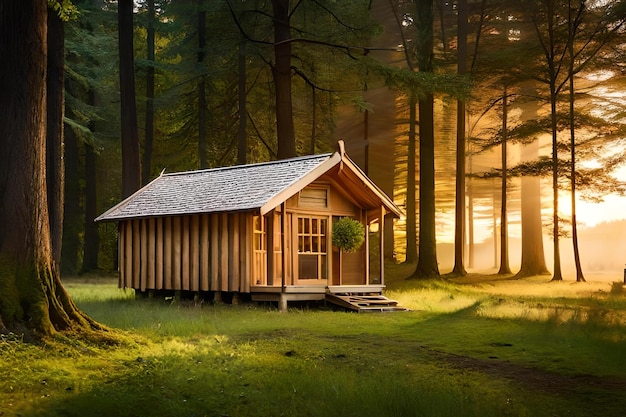 A cabin in the woods with a tree in the background.