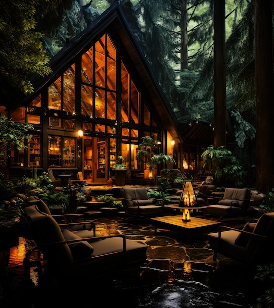 Cabin in the woods with wood burning fire pit A cabin in the woods is lit up at night