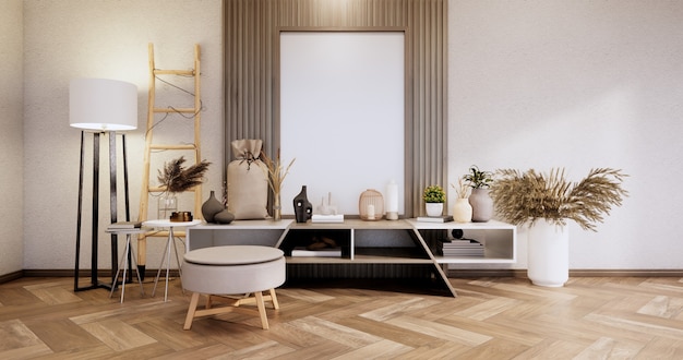 Cabinet and arm chair,decoration plants, Modern empty room ,minimal designs. 3D rendering