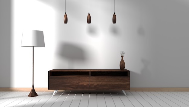 Photo cabinet dark wooden in modern empty room, minimal designs, 3d rendering