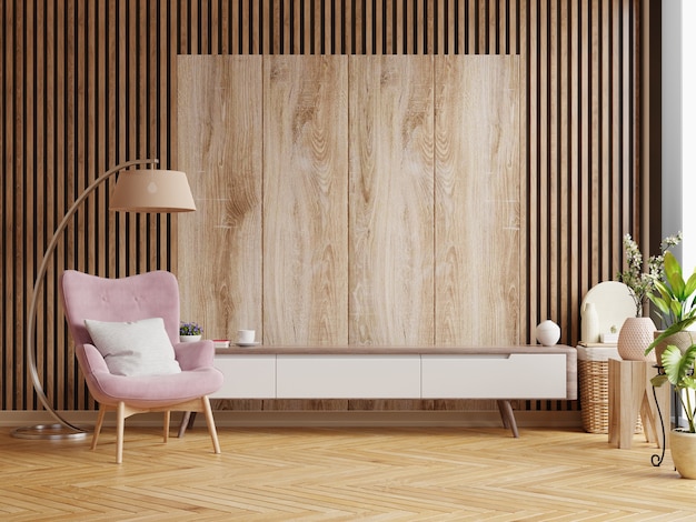 Cabinet designs for living room on wooden wall, 3D rendering