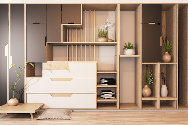 Photo cabinet mix wardrobe shelf wooden japanese style and decoration plants on shelf.3d rendering