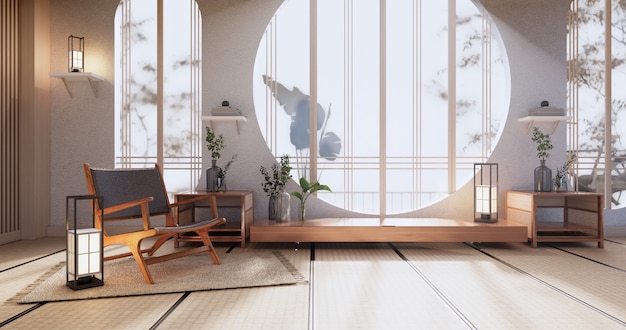 Cabinet Mock up, Minimal Living room, tatami mat floor and armchair design.3D rendering