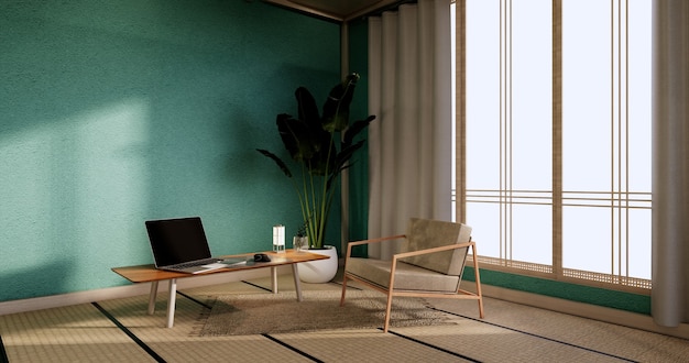 Cabinet Mock up, Minimal mint Living room, tatami mat floor and armchair design.3D rendering