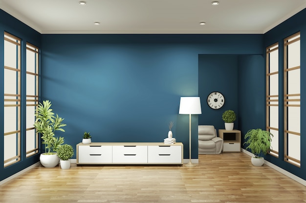 캐비닛은 바닥 목재 최소한의 디자인에 진한 파란색 방에 조롱합니다. 3D 렌더링