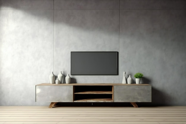 cabinet for tv in living room interior wall mockup on concrete wall