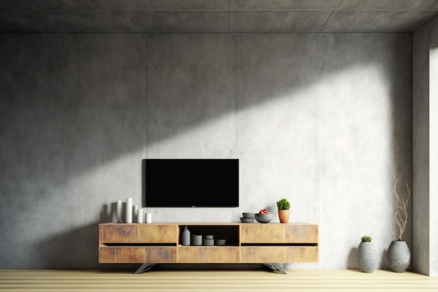 cabinet for tv in living room interior wall mockup on concrete wall