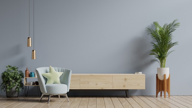 Cabinet TV in modern living room,Interior of a bright living room with armchair on empty gray wall background.