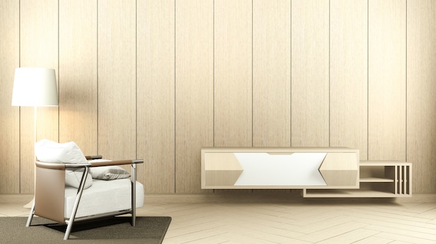 Cabinet TV in white empty interior and armchair room Japanese-style, 3d rendering