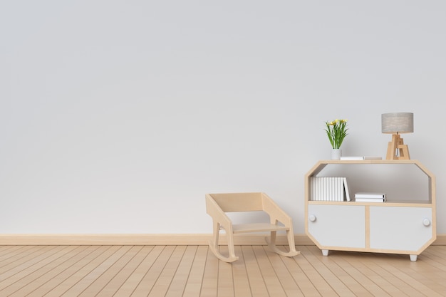 Cabinet with plant and chair in front of a background white wall,3d rendering