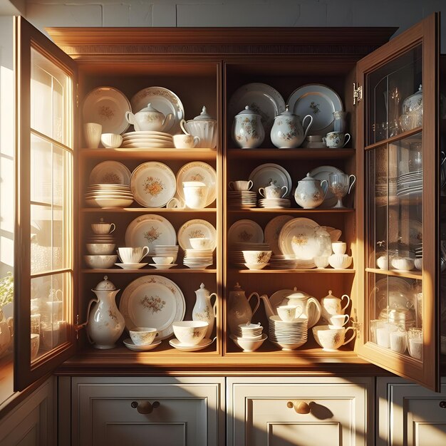 a cabinet with a white china cabinet with a white chinaware on the top