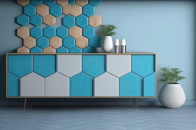 Cabinet with wooden floor and blue hexagon tiles on wall
