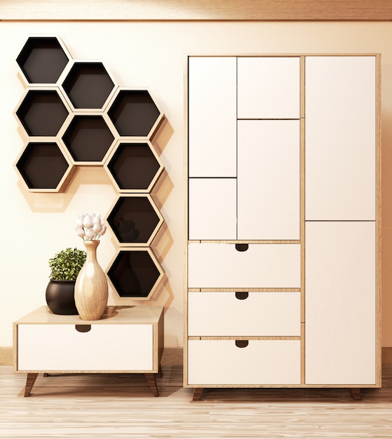 Cabinet wood  and Hexagon shelf on wall in room minimal .3D rendering