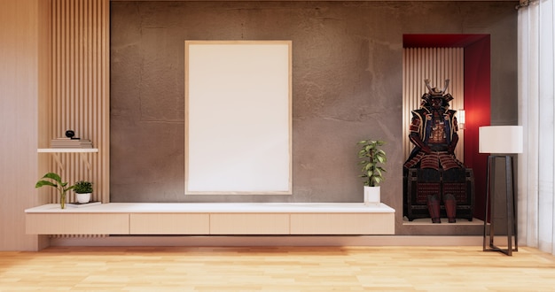 Деревянный дизайн кабинета на современной японской комнате. 3D визуализация